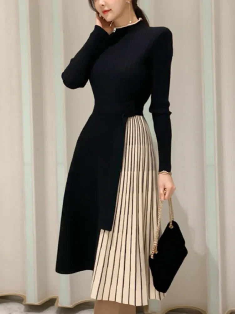 New Autumn Winter Women Fashion Stitching Stripe Pleated Sweater Dress Elegant Long Sleeve OL Midi Knitted Runway Vestidos Robe Solid Print Embellished