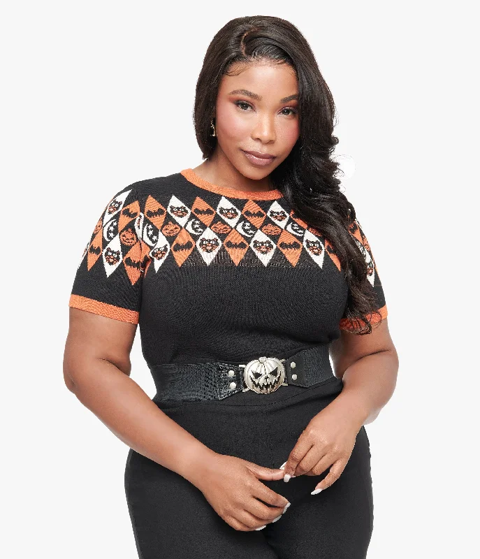 Unique Vintage Plus Size 1950s Black Halloween Argyle Sweater Lightweight Heavyweight Midweight