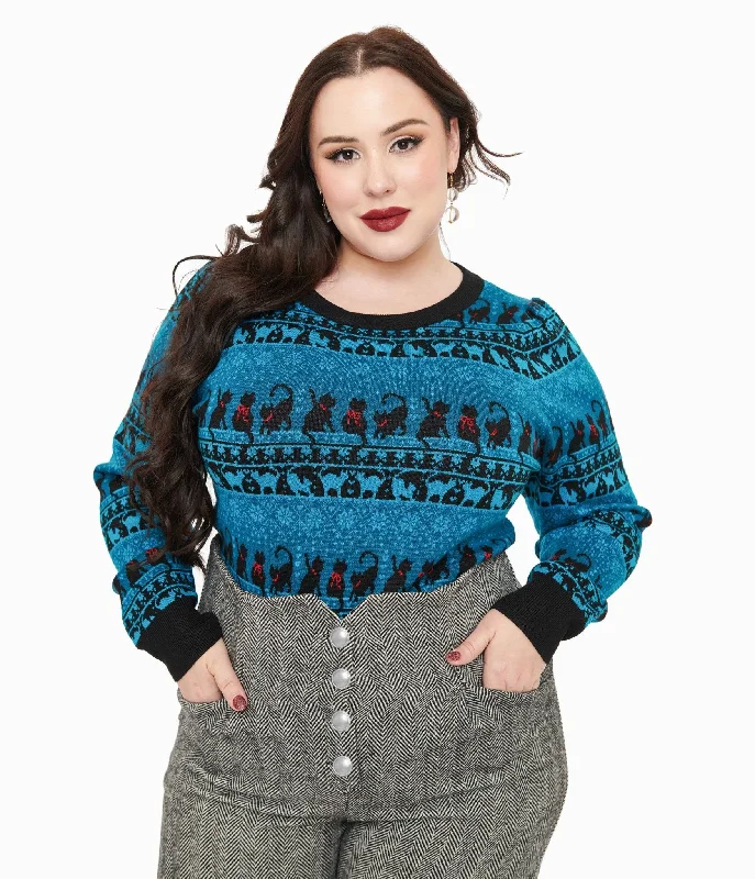 Unique Vintage Plus Size 1950s Teal Snowflakes & Cats Sweater Knit Fabric Woven Fabric Fleece Fabric Unique Vintage Plus Size 1950s Teal Snowflakes & Cats Sweater Knit Fabric Woven Fabric Fleece Fabric