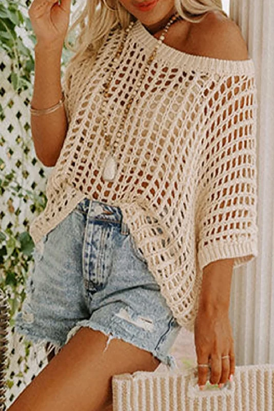 Apricot Mesh Detail Round Neck Short Sleeve Sweater Top Embroidered Appliqued Beaded