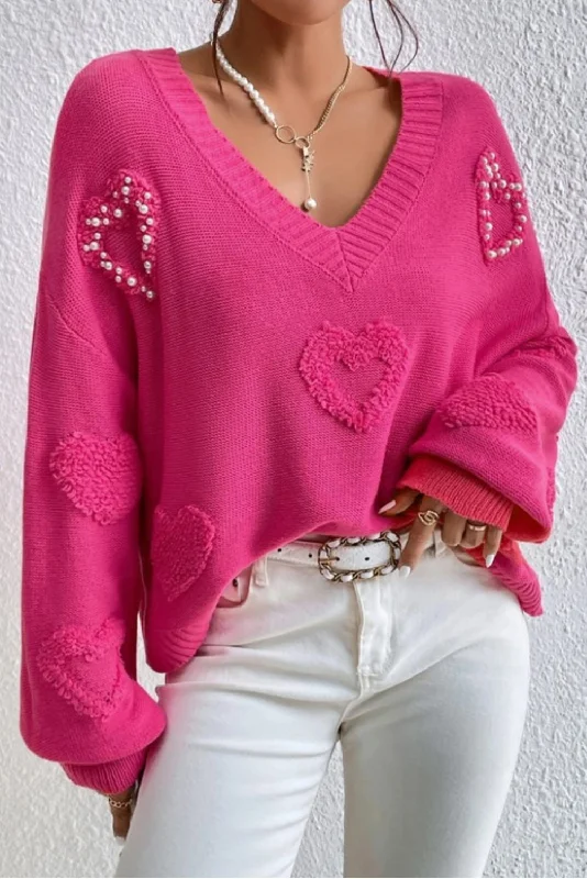 Rose Red Pearl Embellished Fuzzy Hearts V Neck Sweater Mesh Sweater Canvas Denim