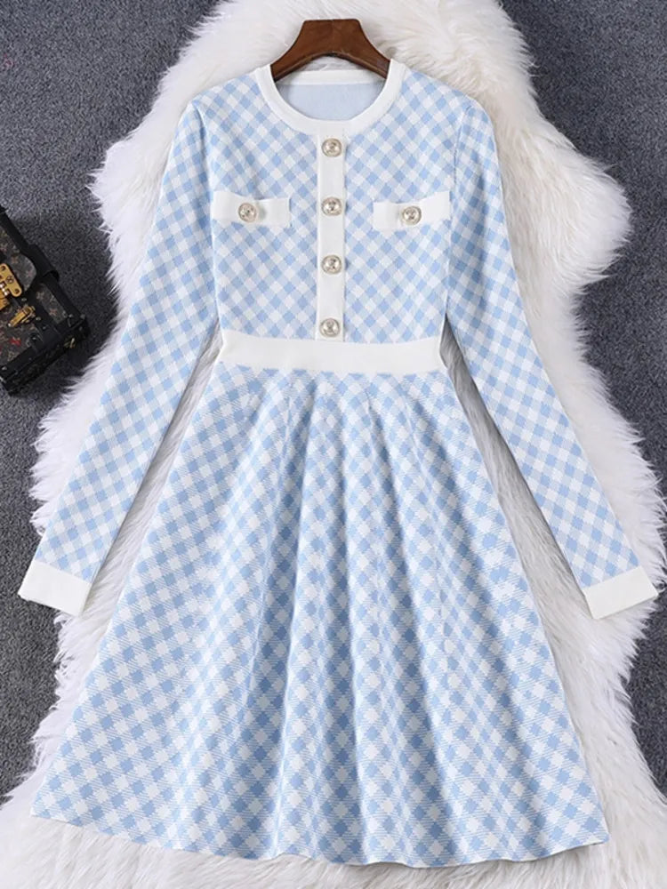New Autumn Knitted Sweater Dress Women Button Up Korean Fashion Vintage Plaid Blue Black Mini Dress Robe Femme Vestidos Ribbed Striped Patterned