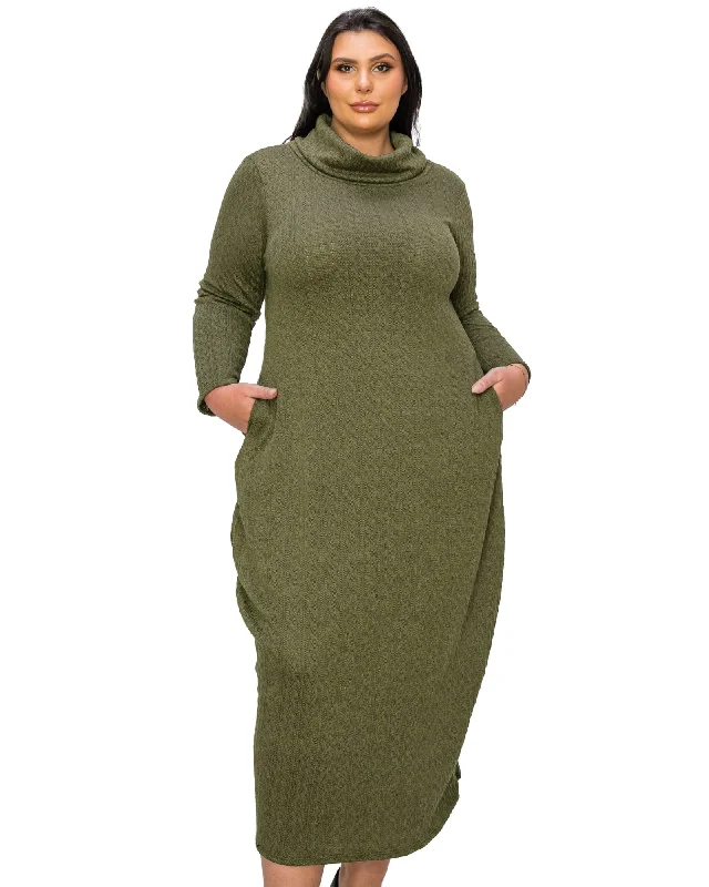 Lana Cowl Turtle Neck Pocket Sweater Dress | Olive Soft Cozy Warm