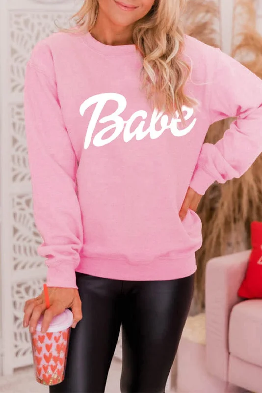 Babe Print Pink Ribbed Knit Trim Sweater Transparent Opaque Sheer