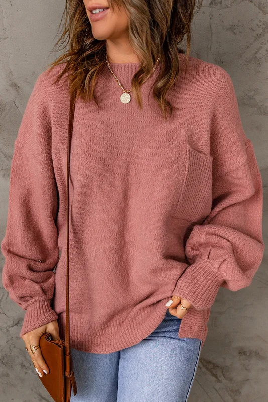 Solid Color Puffy Sleeve Pocketed Sweater Print Jacquard Patchwork