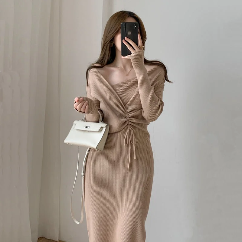 Harajuku Vintage Korean One-Piece Sweater Maxi Dresses for Women Draw String Bodycon Slim Knitted Lady Woman Dress Autumn Mesh Sweater Canvas Denim