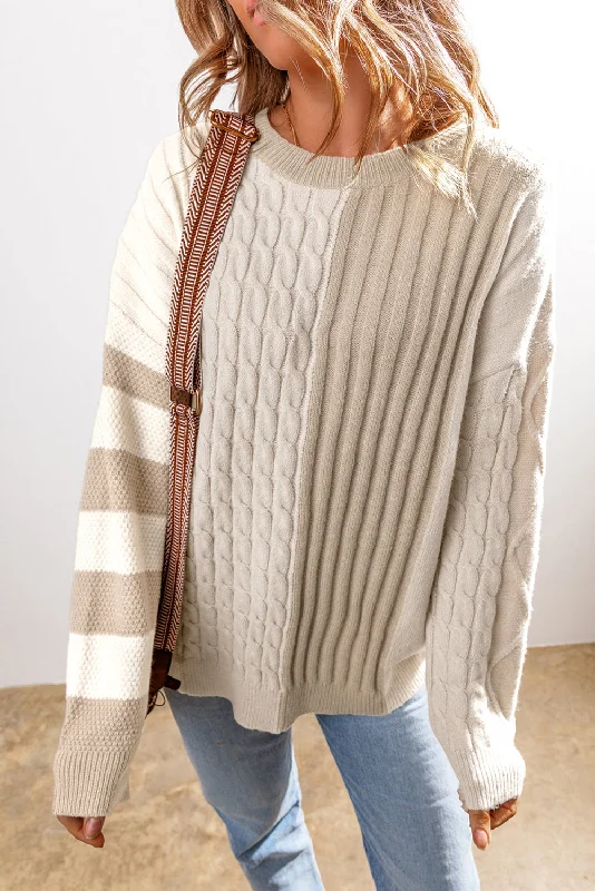 Cable Knit Colorblock Crew Neck Drop Shoulder Sweater Graphic Sweater Embroidered Appliqued Cable Knit Colorblock Crew Neck Drop Shoulder Sweater Graphic Sweater Embroidered Appliqued