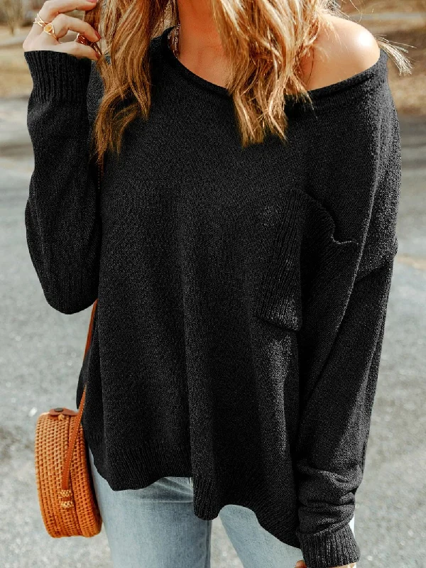 Black Rib-Knit Off-Shoulder Sweater with Pocket Casual Formal Business