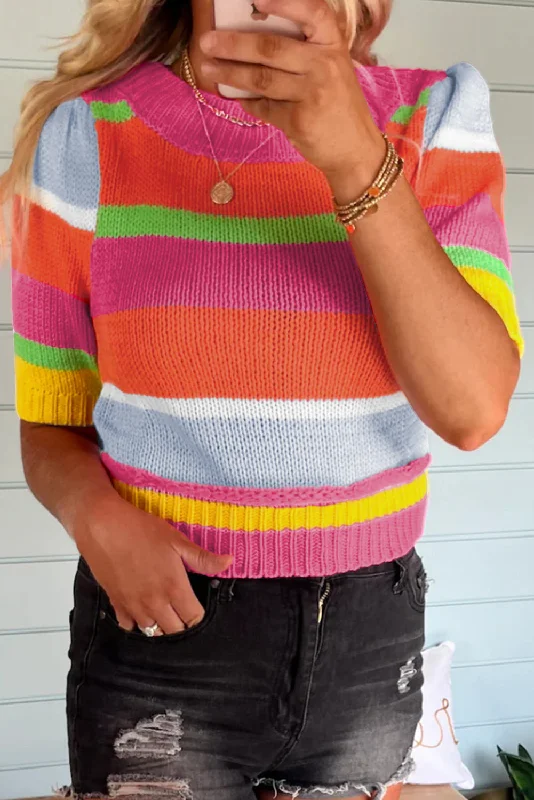 Color Block Cropped Short Sleeve Sweater Striped Floral Plaid