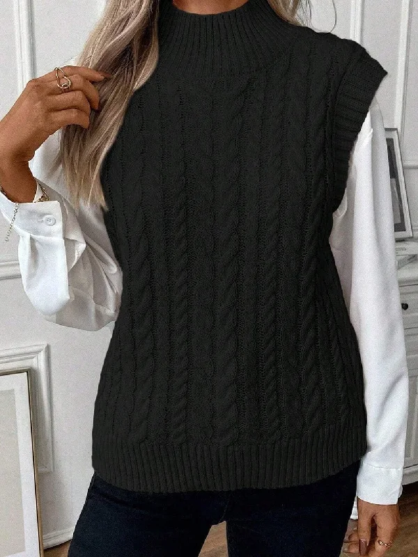 Black Cable Knit Sleeveless High Neck Sweater Vest Chenille Blend Fleece Blend Nylon Blend Black Cable Knit Sleeveless High Neck Sweater Vest Chenille Blend Fleece Blend Nylon Blend