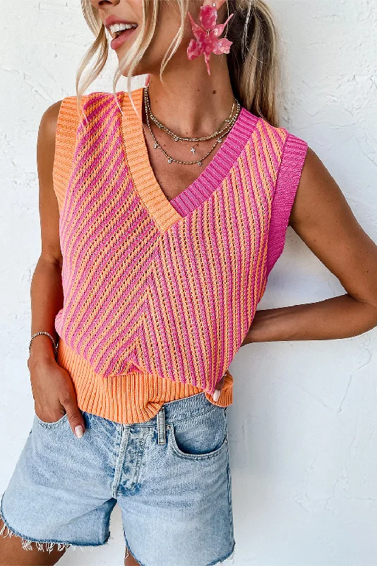 Contrast Chevron Knit V Neck Sweater Vest Sweater Knitwear Pullover