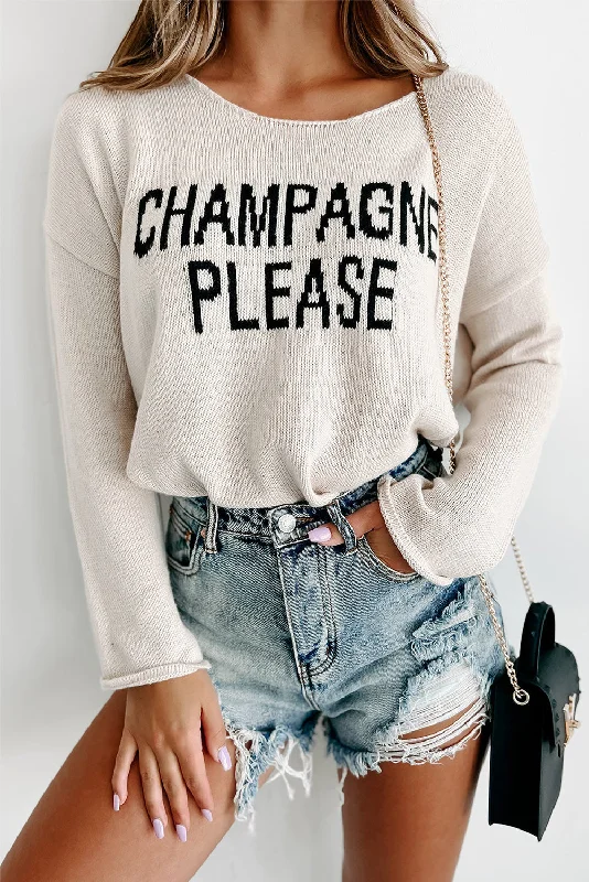 Champagne Please Graphic Sweater Notch Collar Peter Pan Collar Cowl Neck