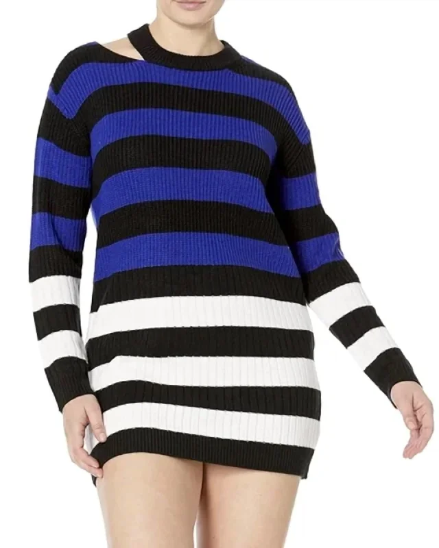 Remi Sweater Dress In Blue/Black/White | Blue/Black/White Cable Knit Ribbed Knit Lace Knit Remi Sweater Dress In Blue/Black/White | Blue/Black/White Cable Knit Ribbed Knit Lace Knit