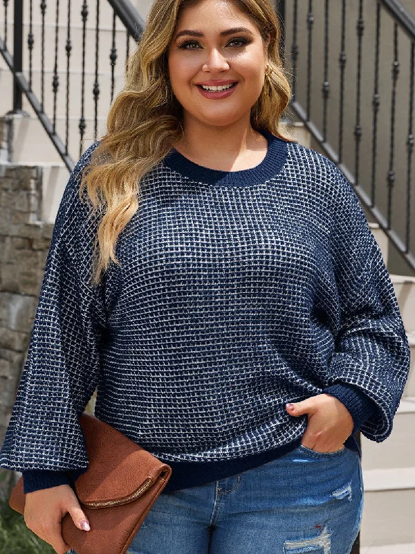 Blue Heathered Knit Plus Size Drop Shoulder Sweater Solid Color Striped Floral Print Blue Heathered Knit Plus Size Drop Shoulder Sweater Solid Color Striped Floral Print