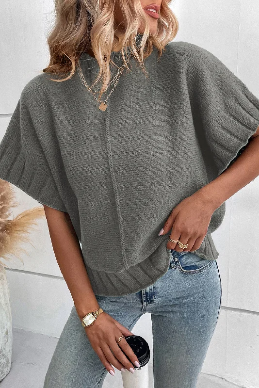Medium Grey Mock Neck Batwing Short Sleeve Knit Sweater Slim Fit Regular Fit Oversized Medium Grey Mock Neck Batwing Short Sleeve Knit Sweater Slim Fit Regular Fit Oversized