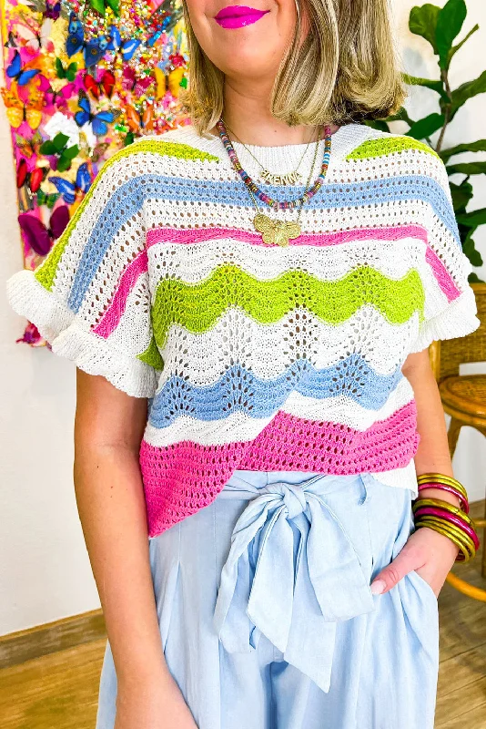 Colorblock Crochet Knit Ruffled Short Sleeve Sweater Top Satin Blend Silk Blend Wool Blend