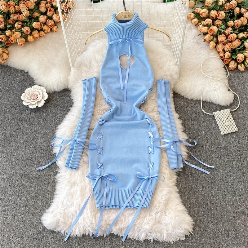 Women Sexy Sweater Dress Open Chest Backless Ribbon Strap Tops Turtleneck Long Sleeve Lacing Up Bodycon Knit Bandage Dress Modern Contemporary Chic
