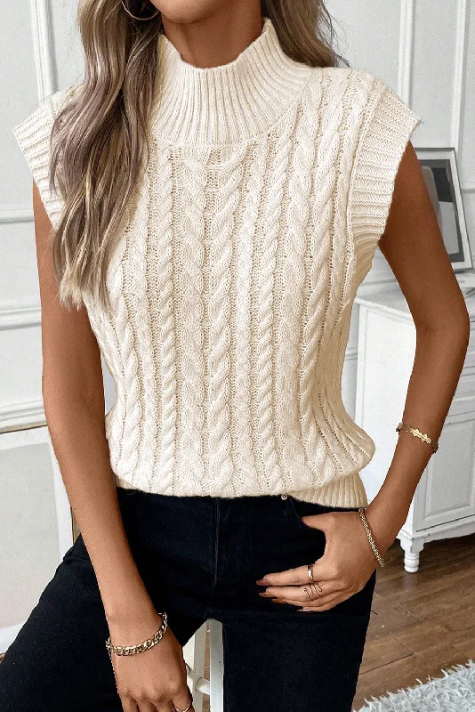 Cable Knit High Neck Sweater Vest Chenille Brocade Lace