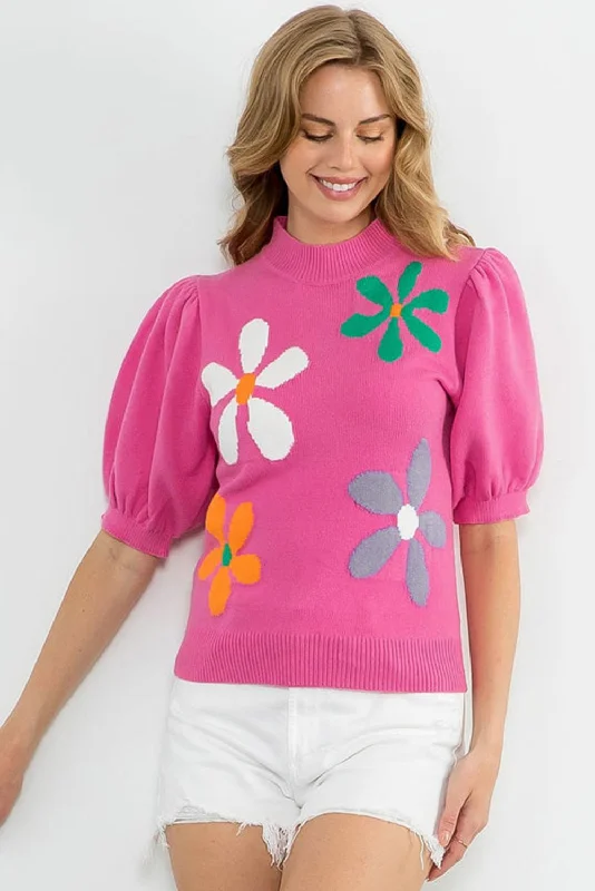 Floral Bubble Short Sleeve Sweater Thin Thick Dense