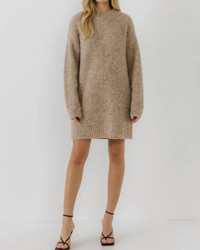 Long Sleeve Sweater Dress In Taupe | Taupe Satin Blend Silk Blend Wool Blend