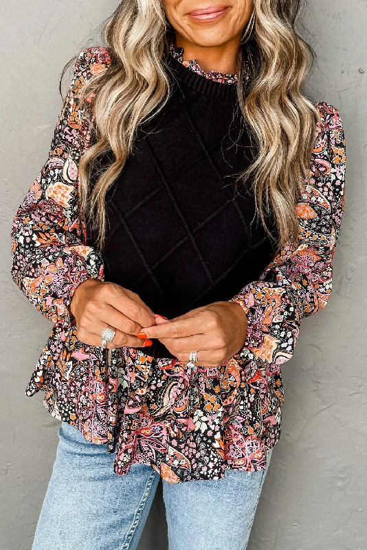 Contrast Floral Sleeve Peplum Sweater Glossy Satin Silk