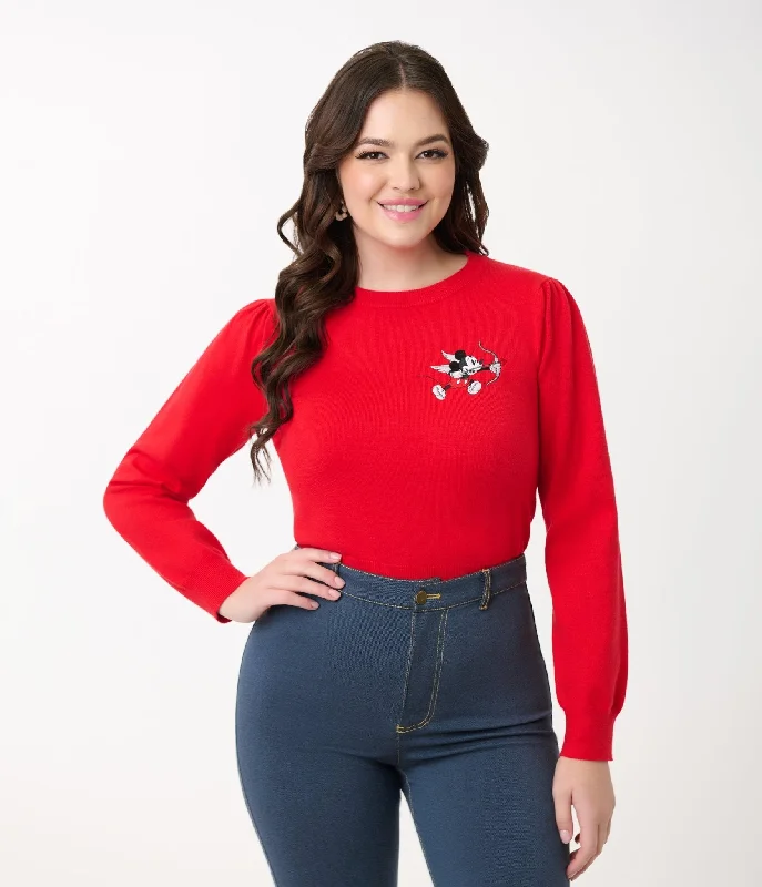 Disney Valentine Collection by Unique Vintage Red Cupid Mickey Embroidered Sweater Solid Color Striped Floral Print Disney Valentine Collection by Unique Vintage Red Cupid Mickey Embroidered Sweater Solid Color Striped Floral Print