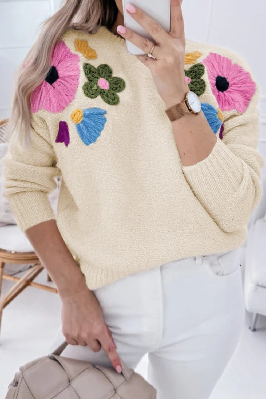 Knitted Flower Pattern Ribbed Edge Sweater Striped Floral Plaid