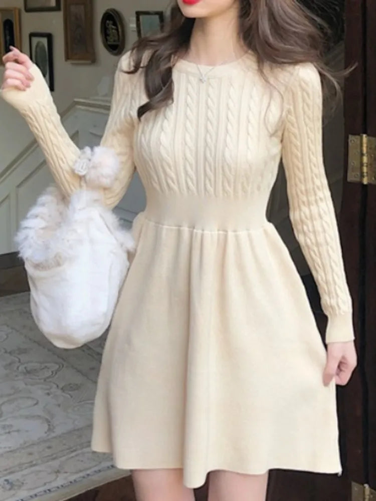 High Quality 2023 New Autumn Winter Knitted Sweater Dress Women A-line Solid High Waist Vestidos Elegant Korean Mini Dresses Glossy Satin Silk