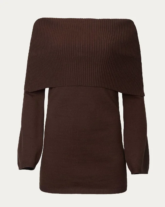Off-The-Shoulder Sweater Dress in Chocolate | Chocolate Herringbone Houndstooth Plaid
