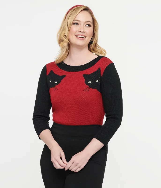 Unique Vintage 1950s Burgundy & Black Cat Sleeve Minou Sweater Spandex Rayon Corduroy