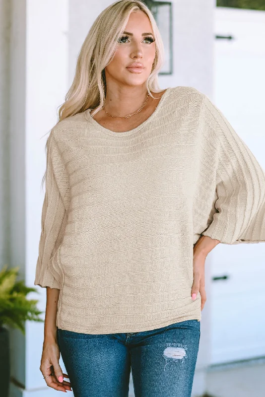 Apricot Ribbed Knit Dolman Sweater with Exposed Seams Fitted Loose Oversized