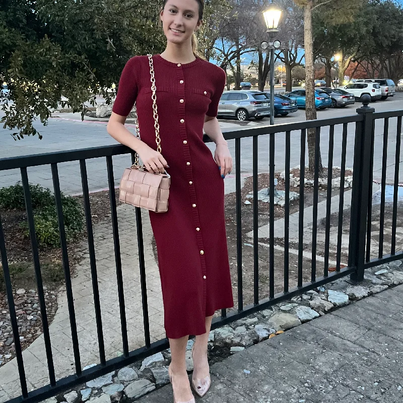 Kissed in Knit Burgundy Sweater Midi Dress Herringbone Houndstooth Plaid