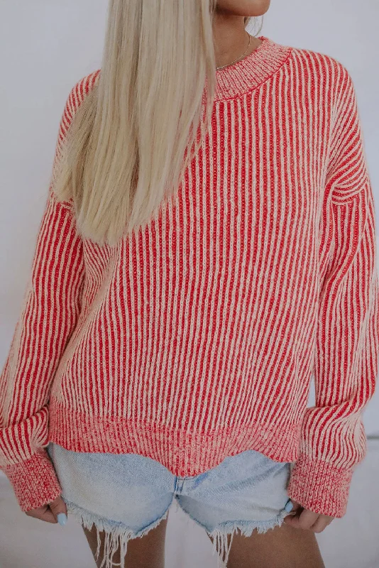 Striped Print Ribbed Trim Round Neck Sweater Hooded Caped Shawl Collar