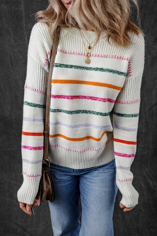 Colorful Striped Ribbed Trim Sweater Wool Fabric Cashmere Fabric Tweed Fabric