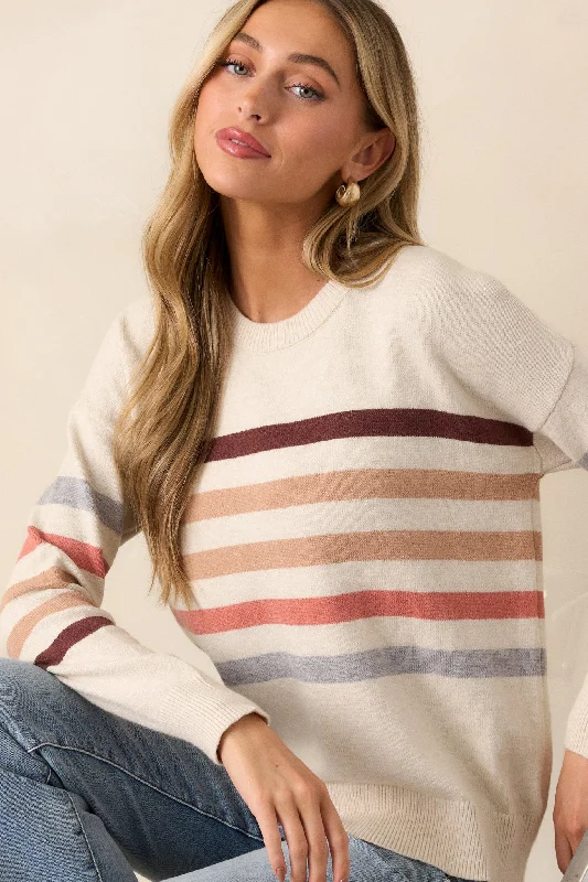 Tides of Change Beige Stripe Long Sleeve Sweater Graphic Sweater Embroidered Appliqued