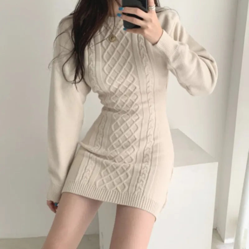 Korean Fashion Casual Knitted Sweater Mini Bodycon Dress Women Autumn Winter Long Sleeve Knitting Dress Robe Femme Vestidos Sequined Glittery Shiny