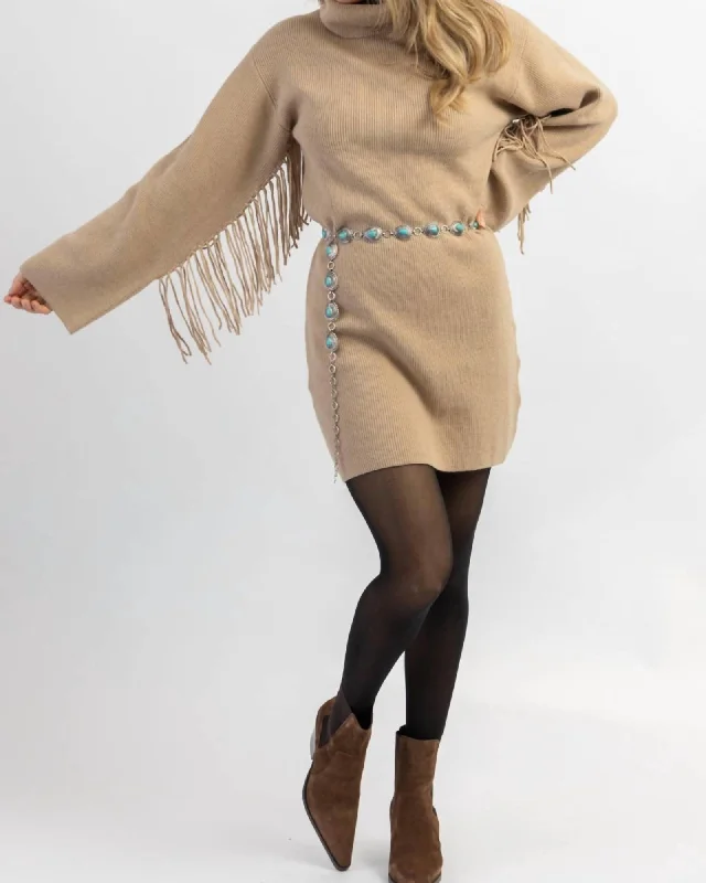 Charley Fringed Sweater Dress In Tan | Tan Zippered Buttoned Snapped