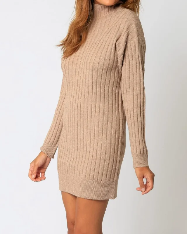 Wide Ribbed Sweater Dress in Mocha | Mocha Fleece Fabric Down Fabric Feather Fabric