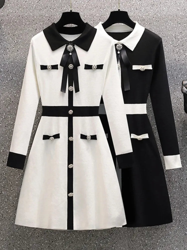 Small Fragrance Fall Winter Knitted Sweater Dress Women Bow Tie Buttons Vintage Party Mini Dress Elegant Casual Chic Robe Femme Transparent Opaque Sheer