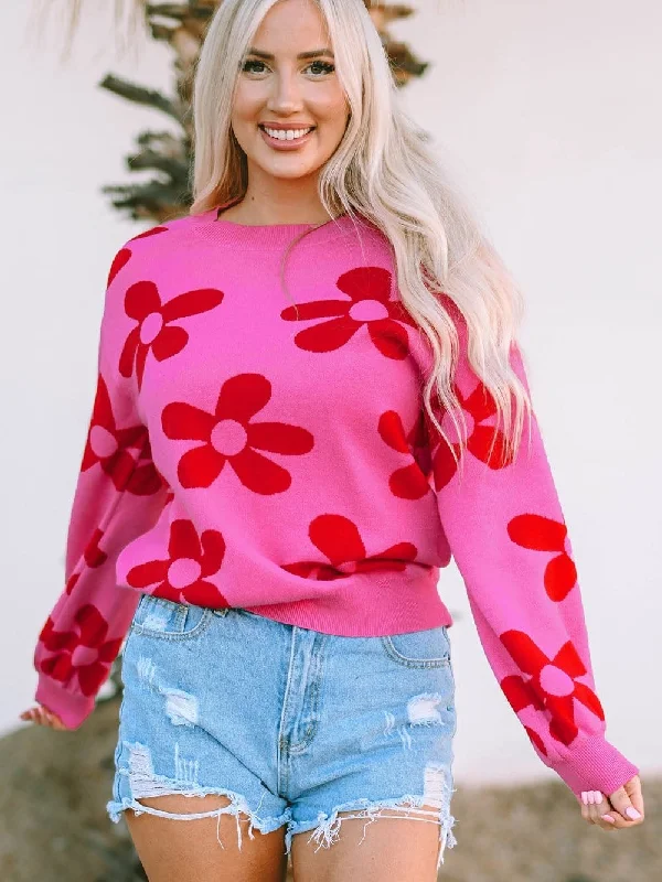 Big Floral Pattern Ribbed Trim Rose Sweater Velvet Chenille Corduroy