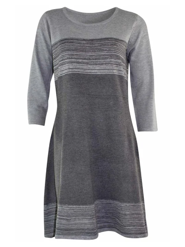 Gray Fit & Flare Stripe Sweater Dress Size Medium Embroidered Appliqued Beaded