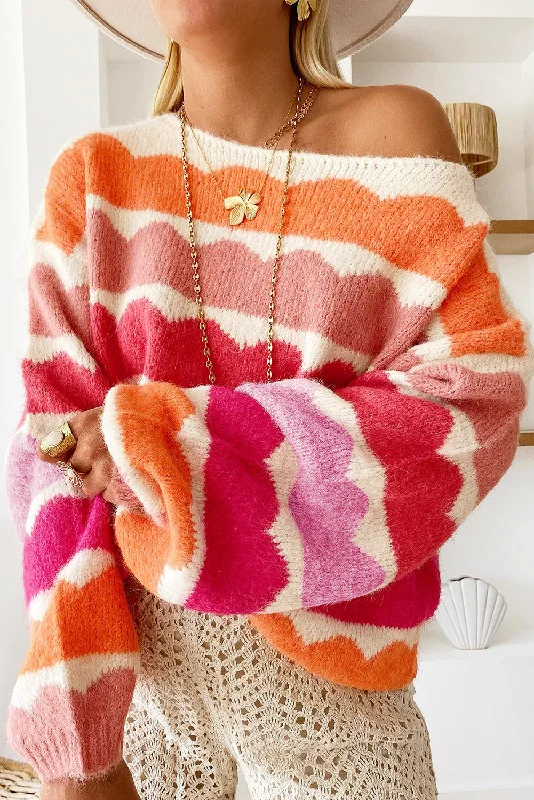 Wave Striped Balloon Sleeve Drop Shoulder Sweater Satin Blend Silk Blend Wool Blend