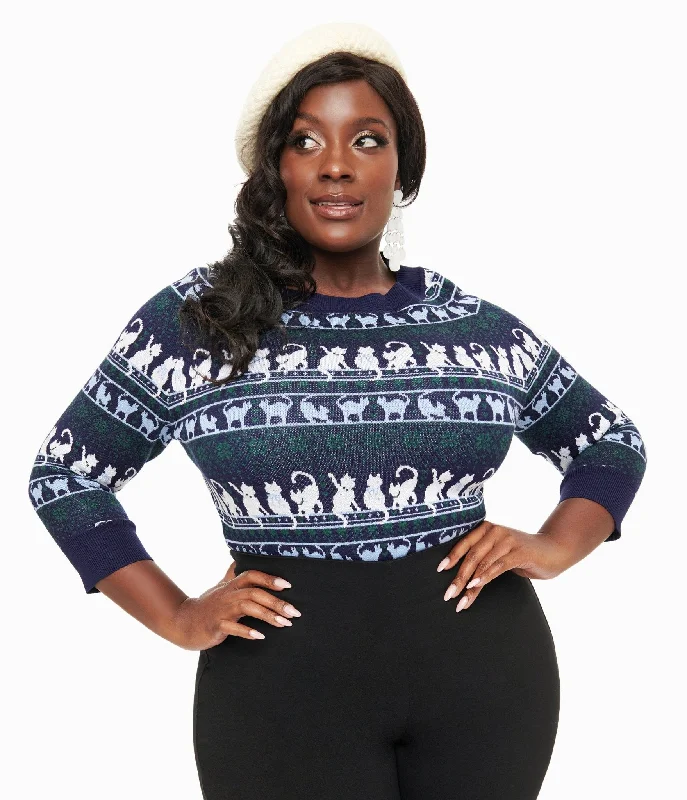 Unique Vintage Plus Size 1940s Navy & White Cat Pattern Lorelai Sweater Elasticated Padded Insulated Unique Vintage Plus Size 1940s Navy & White Cat Pattern Lorelai Sweater Elasticated Padded Insulated