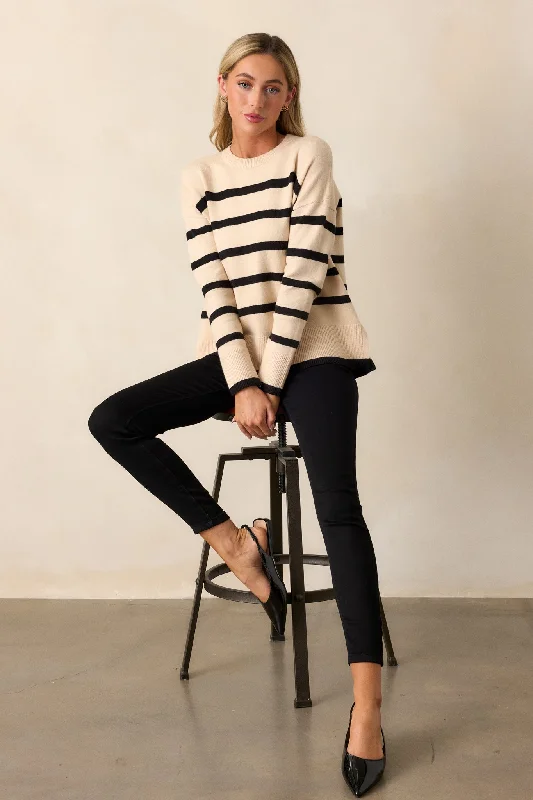 Time to Unwind Beige Stripe Knit Sweater Real Fur Shearling Chenille