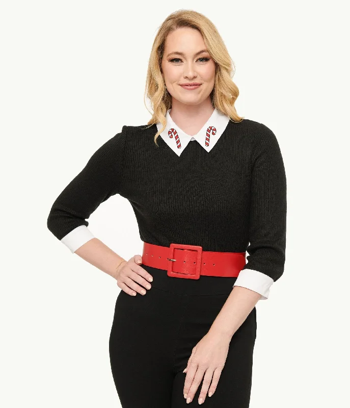 Unique Vintage Black & White Candy Cane Print Contrast Sabrina Sweater Turtle Neck Boat Neck Asymmetrical Neck Unique Vintage Black & White Candy Cane Print Contrast Sabrina Sweater Turtle Neck Boat Neck Asymmetrical Neck
