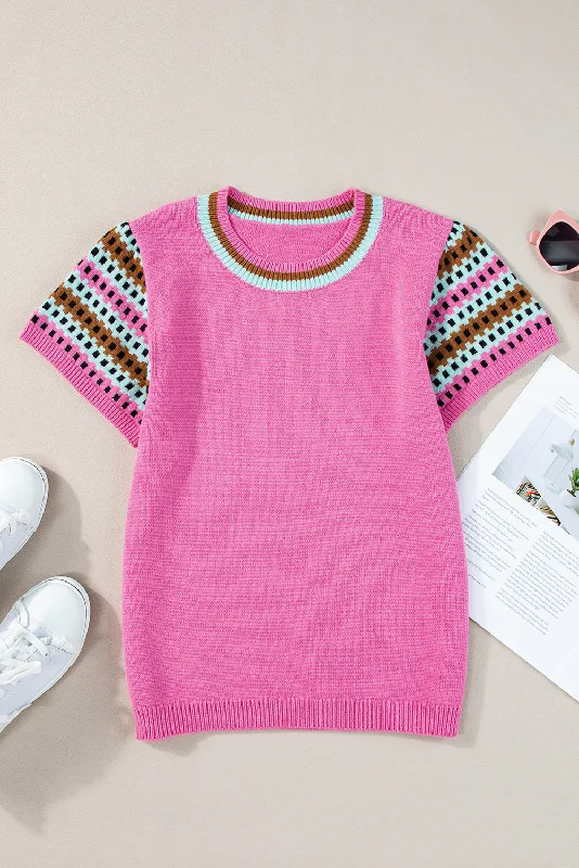Bright Pink Contrast Printed Cap Sleeves Crewneck Sweater Mesh Blend Leather Blend Suede Blend