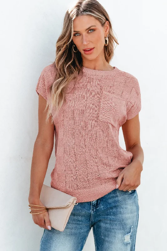 Lattice Textured Knit Short Sleeve Sweater Soft Cozy Warm