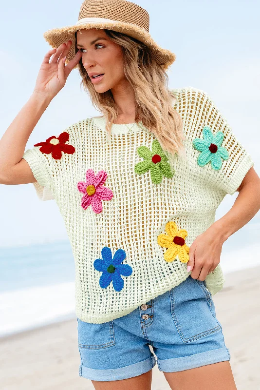 Crochet Flower Hollow-out Sweater T Shirt Polka Dot Checkered Tartan