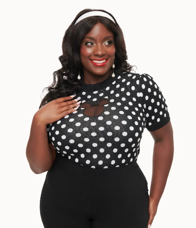Disney Mickey & Friends Collection by Unique Vintage Plus Size Black & White Polka Dot Mickey Mouse Cutout Sweater Chenille Fabric Brocade Fabric Lace Fabric Disney Mickey & Friends Collection by Unique Vintage Plus Size Black & White Polka Dot Mickey Mouse Cutout Sweater Chenille Fabric Brocade Fabric Lace Fabric