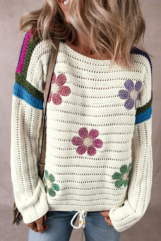 Daisy Flower Pointelle Knit Sweater Neon Metallic Matte
